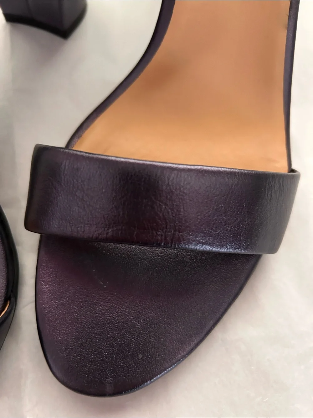 Naturalizer, 2 1/2” heel sandal, navy blue genuine leather, ankle strap, 9 1/2 .